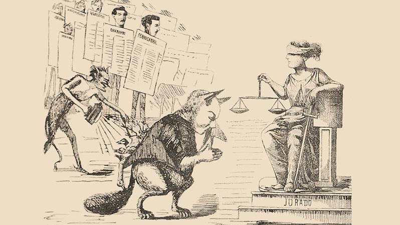 Burla por juicio contra periódicos Charivari y El Ferrocarril, La Linterna del Diablo, año I n.º 41, 12 de septiembre de 1868. Depósito Biblioteca especializada Museo Benjamín Vicuña Mackenna.