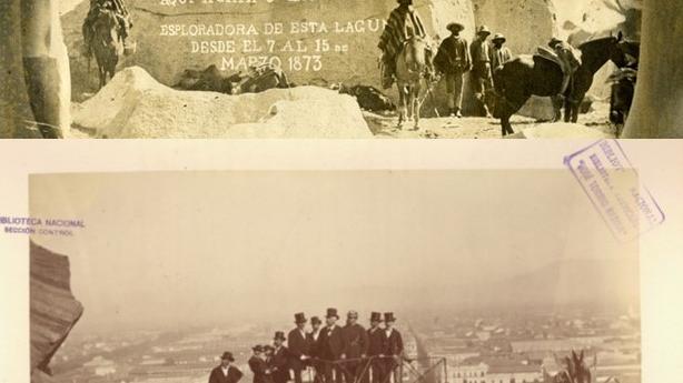 Retratos grupal incluido en Esploración de las Lagunas Negra i del Encañado. Publicación de 1874, ilustrada con fotografías sobre cartón pegadas a las páginas del libro.