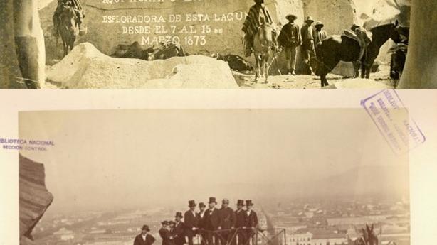 Retratos grupal incluido en Esploración de las Lagunas Negra i del Encañado. Publicación de 1874, ilustrada con fotografías sobre cartón pegadas a las páginas del libro.  