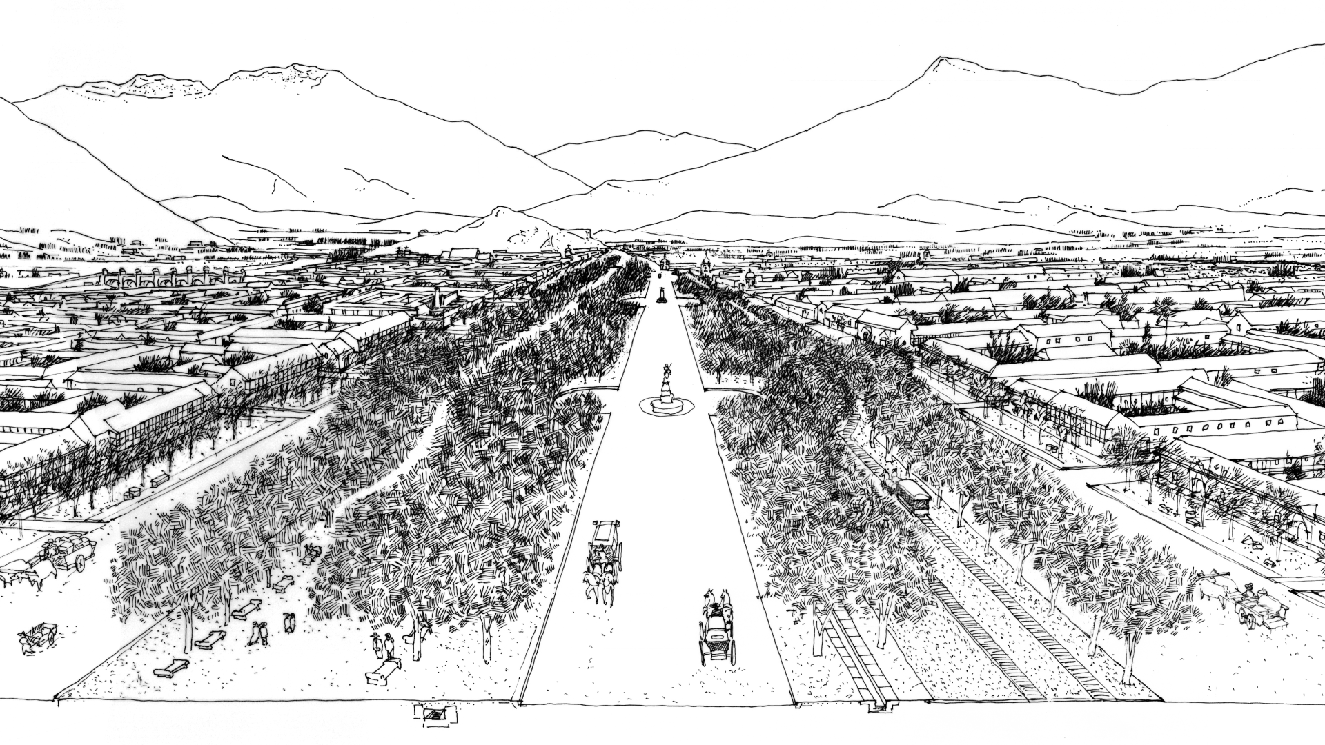 Alameda 1873. Dibujo del investigador Germán Hidalgo