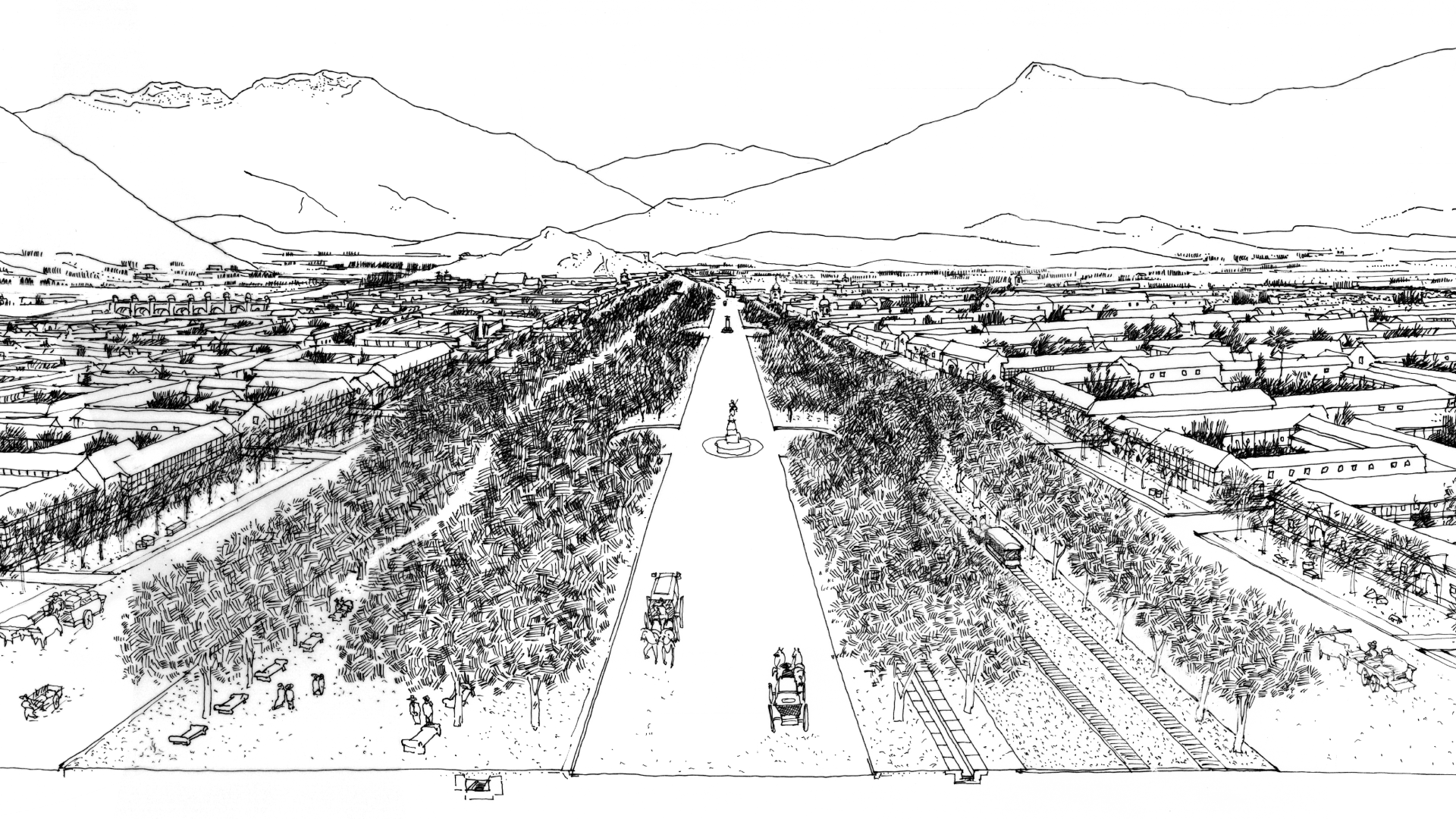 Alameda 1873. Dibujo del investigador Germán Hidalgo 