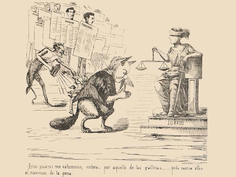 Burla por juicio contra periódicos Charivari y El Ferrocarril, La Linterna del Diablo, año I n.º 41, 12 de septiembre de 1868. Depósito Biblioteca especializada Museo Benjamín Vicuña Mackenna.