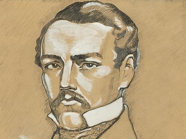 Retrato de Benjamín Vicuña Mackenna elaborado por Francisco Huneeus Salas a partir del daguerrotipo de 1852, sin fecha. Colección Histórica. En exhibición, n.° de inventario 0575.