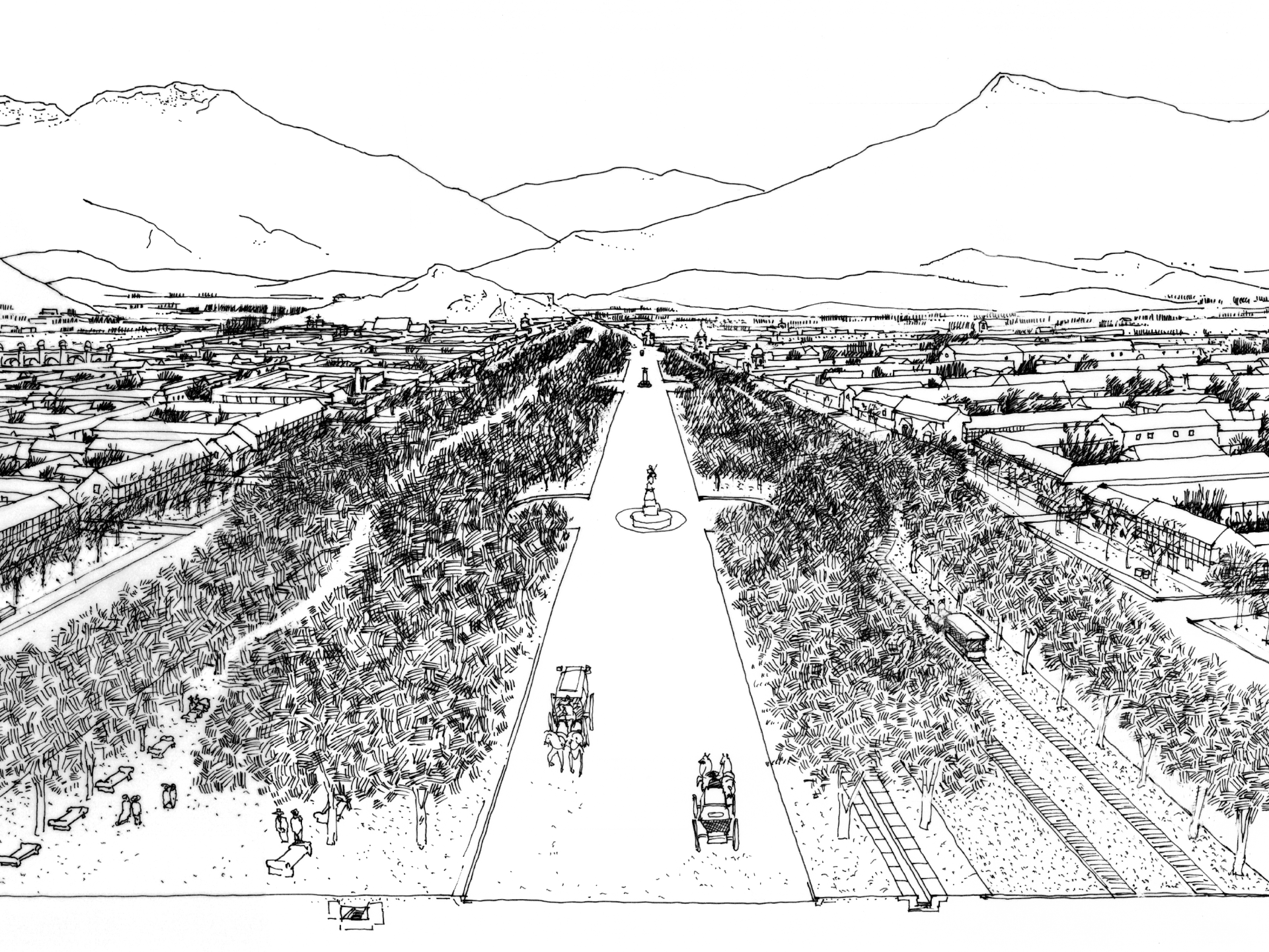 Alameda 1873. Dibujo del investigador Germán Hidalgo
