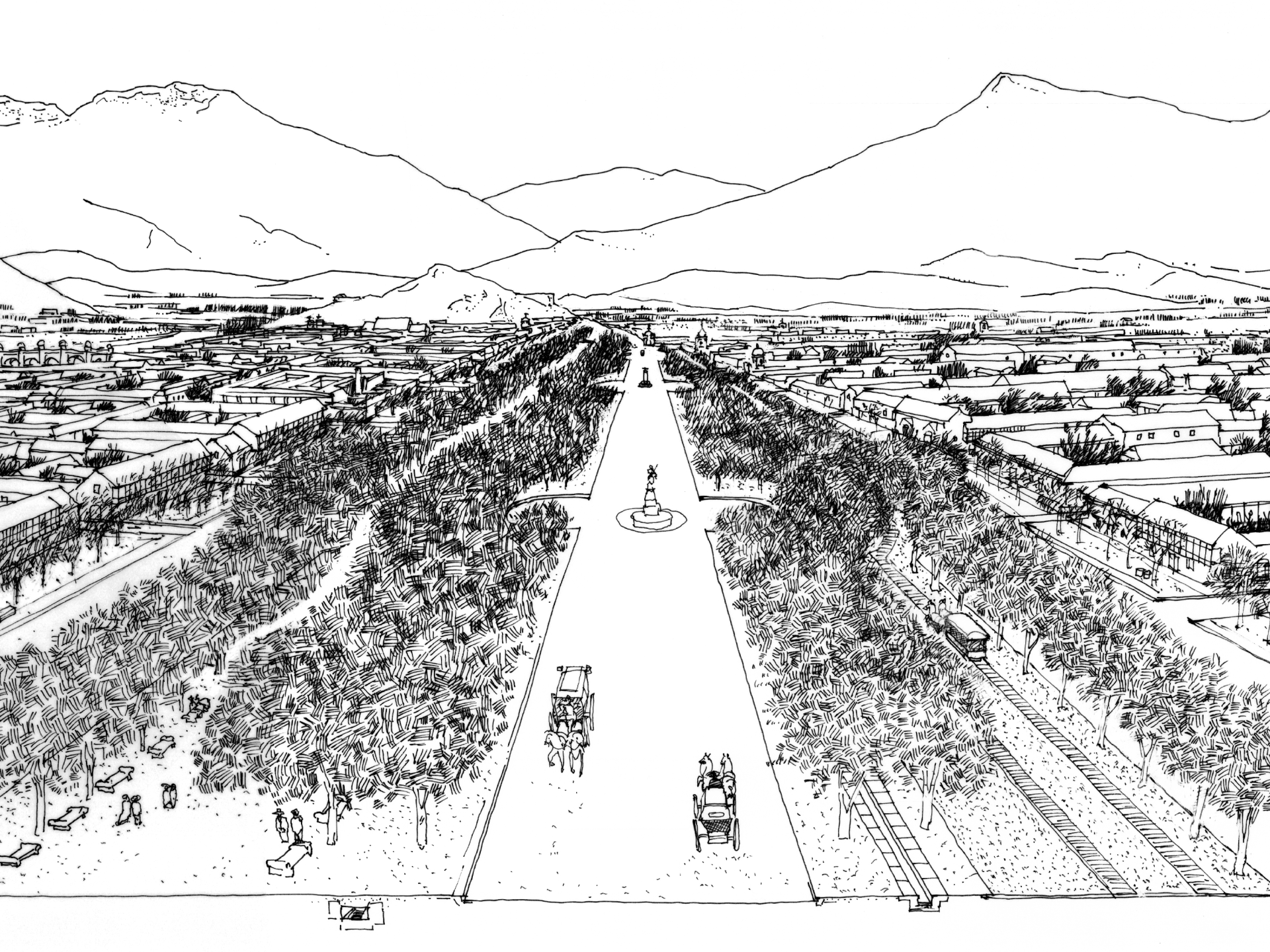 Alameda 1873. Dibujo del investigador Germán Hidalgo 