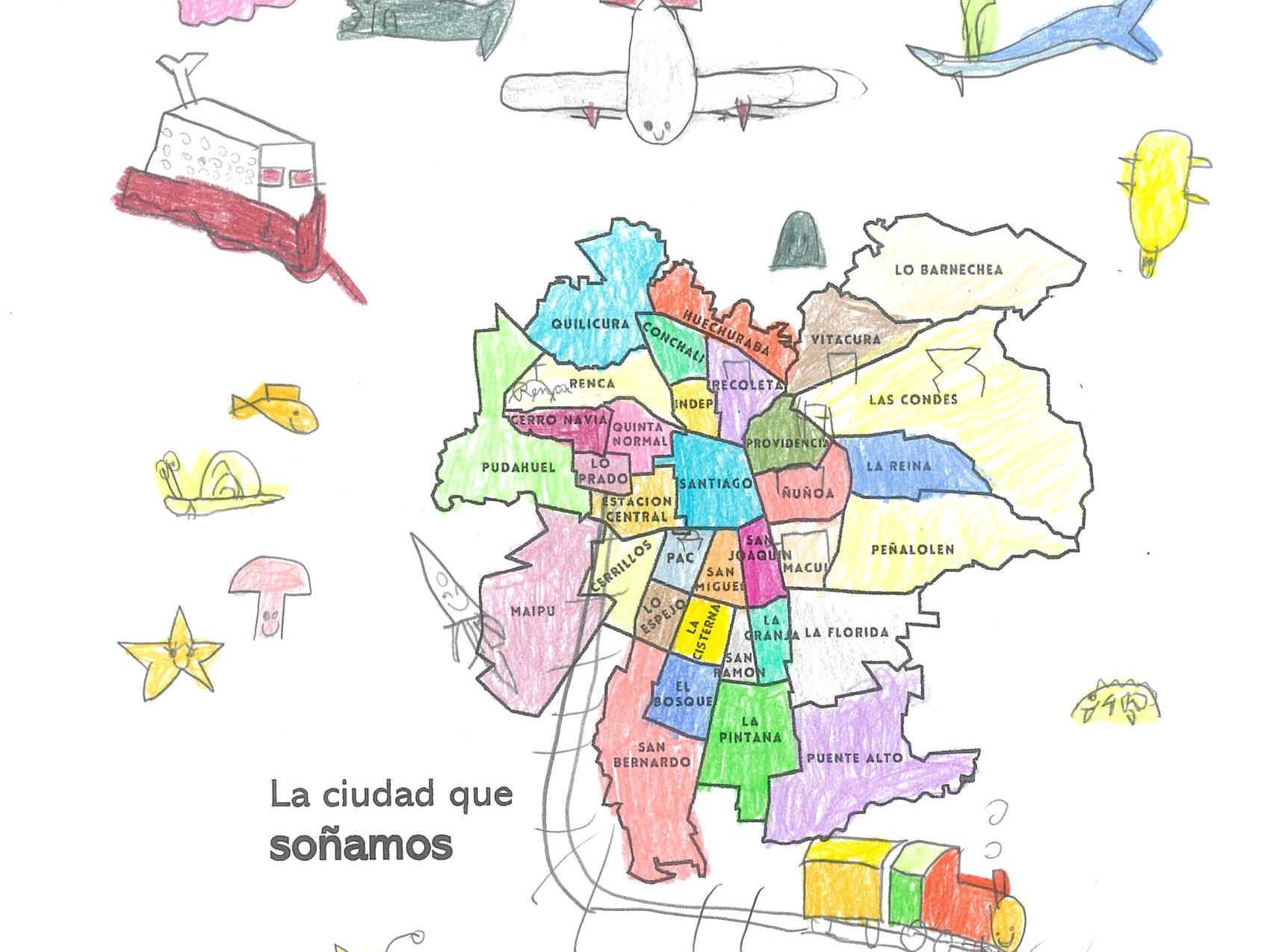 Dibujo mapa de Santiago realizado por Manuel García (11) y Emilia Rivera (15)