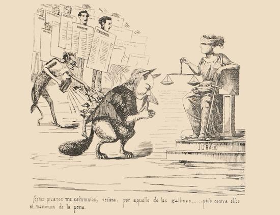 Burla por juicio contra periódicos Charivari y El Ferrocarril, La Linterna del Diablo, año I n.º 41, 12 de septiembre de 1868. Depósito Biblioteca especializada Museo Benjamín Vicuña Mackenna.