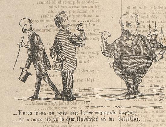 Caricatura a Benjamín Vicuña Mackenna por compra de barcos. La Linterna del Diablo, 19 de diciembre de 1868. Depósito Biblioteca especializada Museo Benjamín Vicuña Mackenna.