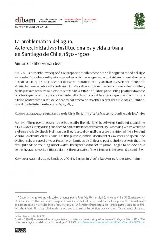 La problemática del agua. Actores, iniciativas institucionales y vida urbana en Santiago de Chile, 1870 - 1900 La problemática del agua. Actores, iniciativas institucionales y vida urbana en Santiago de Chile, 1870 - 1900