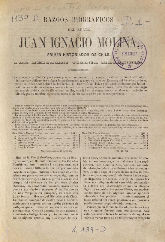 Rasgos biográficos del abate Juan Ignacio Molina. Primer historiador de Chile.